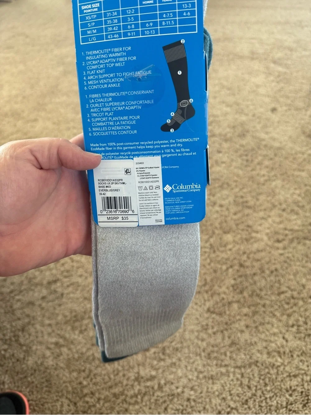 Columbia Men's Ski Crew Socks - Teal & Light Gray (2 Pairs)